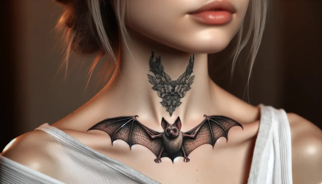 small realistic bat tattoo on a woman's front neck