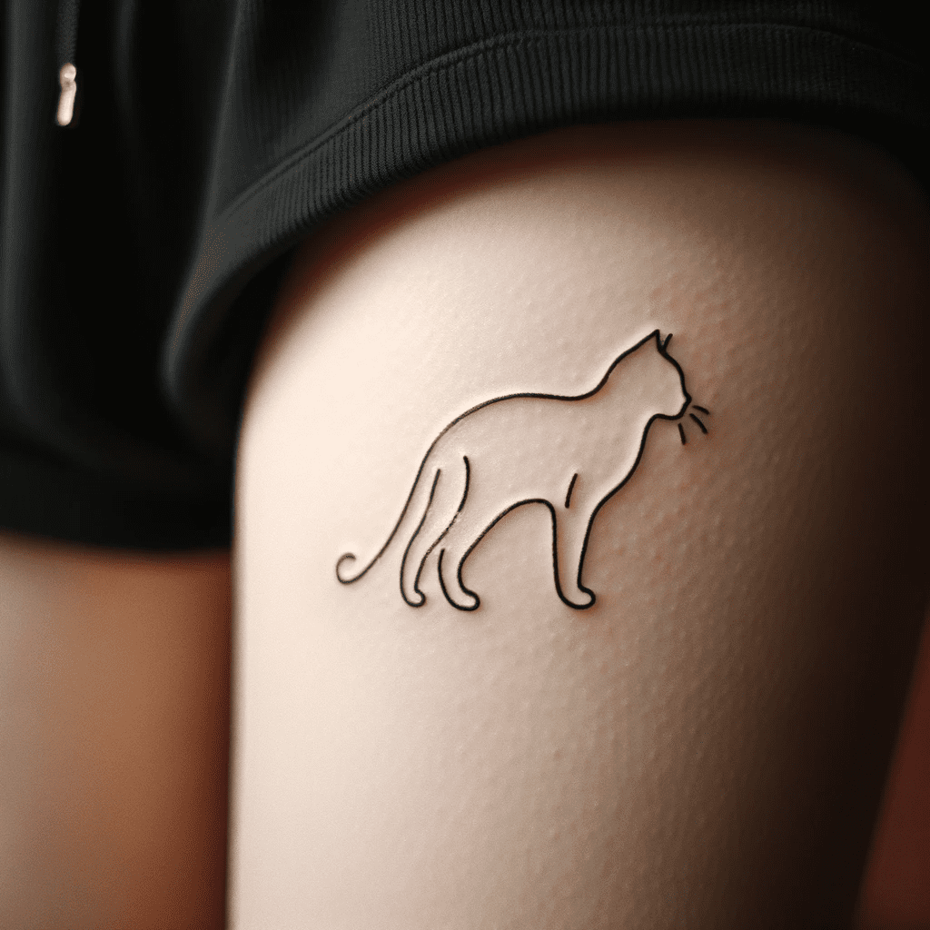 thigh tattoo A single-line cat silhouette 2