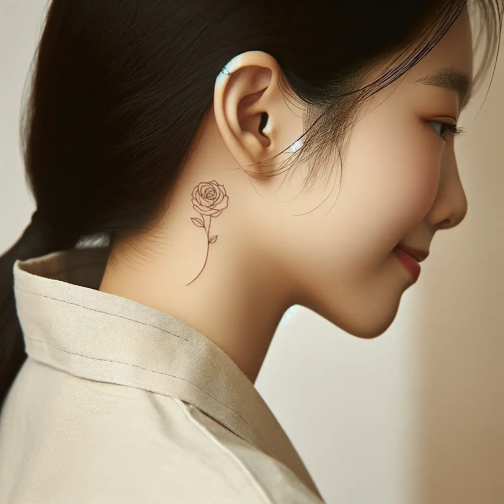 minimalistic rose tattoo behind ear