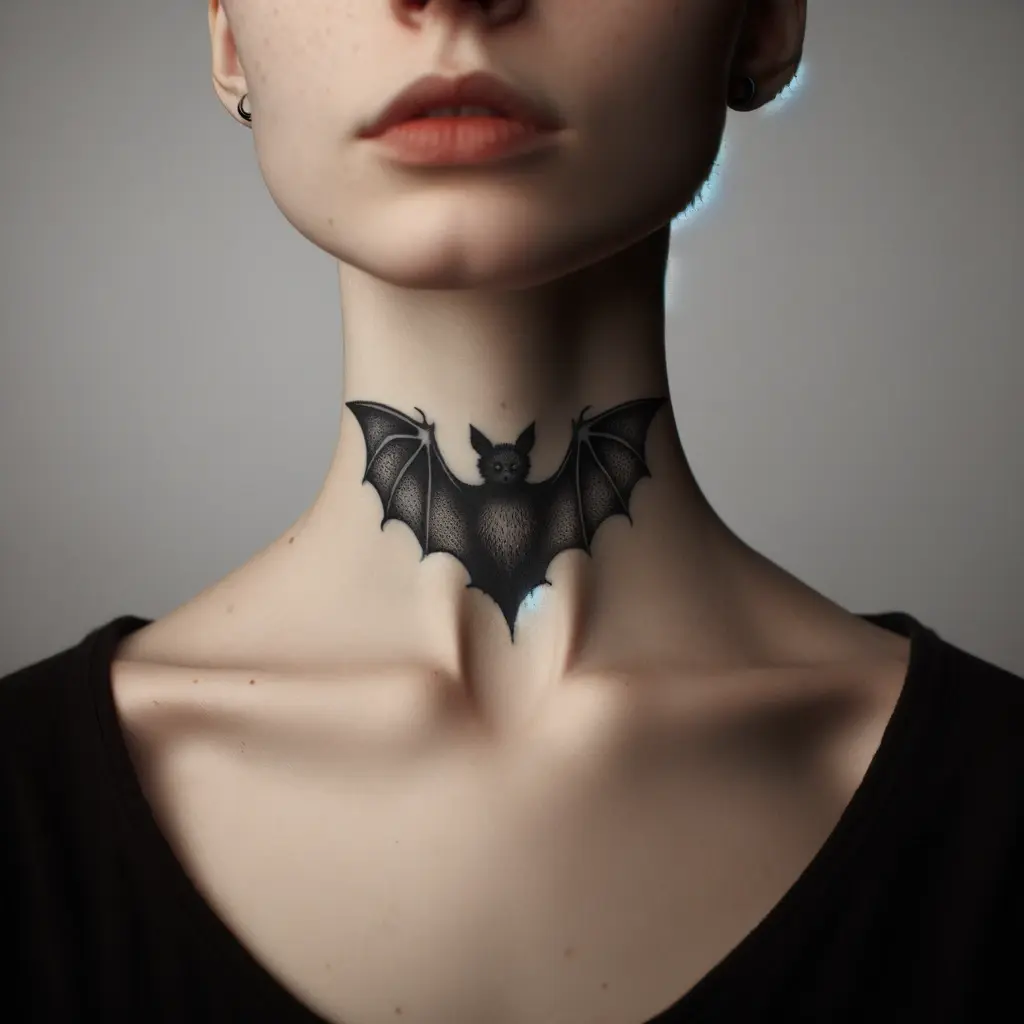 gothic bat tattoo on a woman's neck