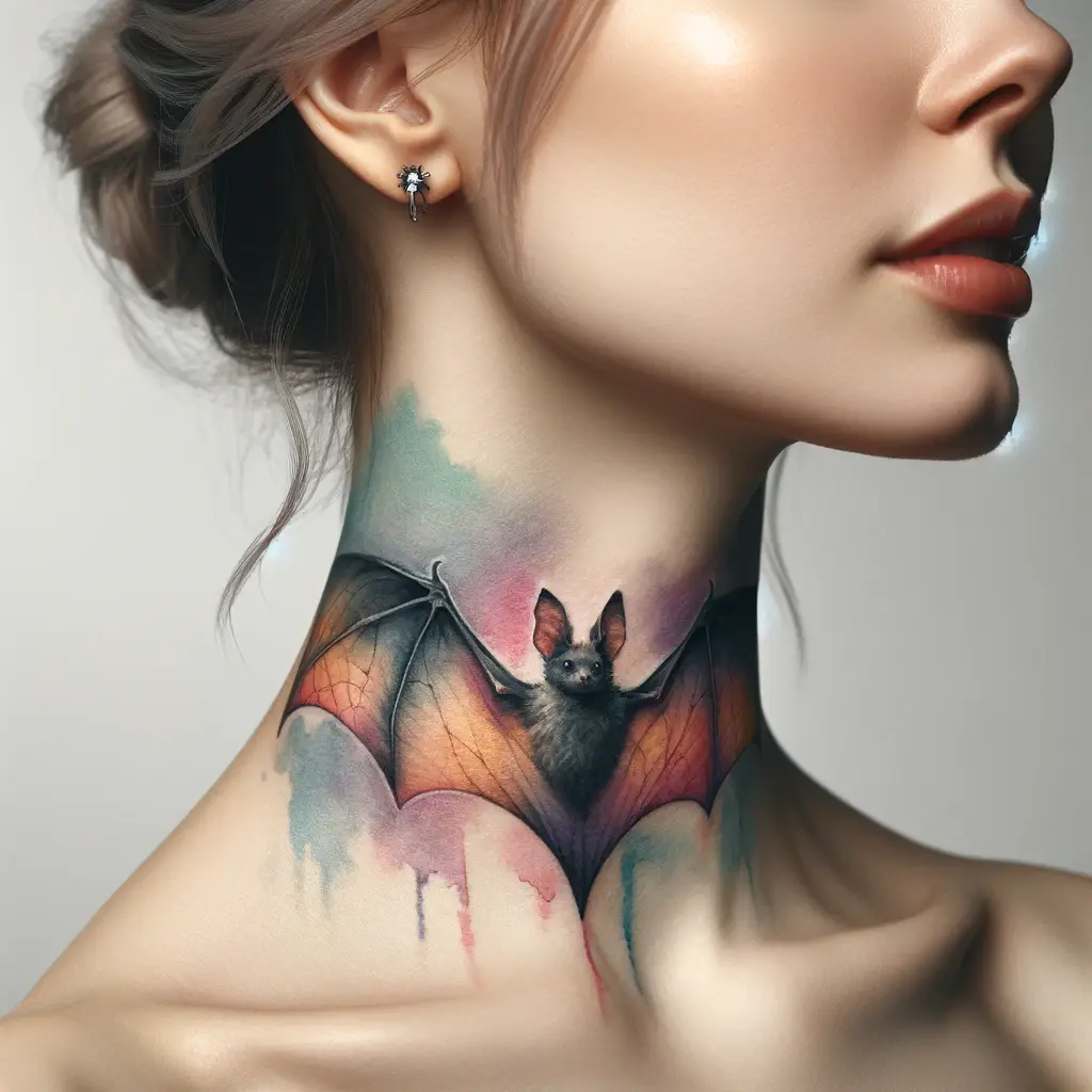watercolor bat tattoo for neck 